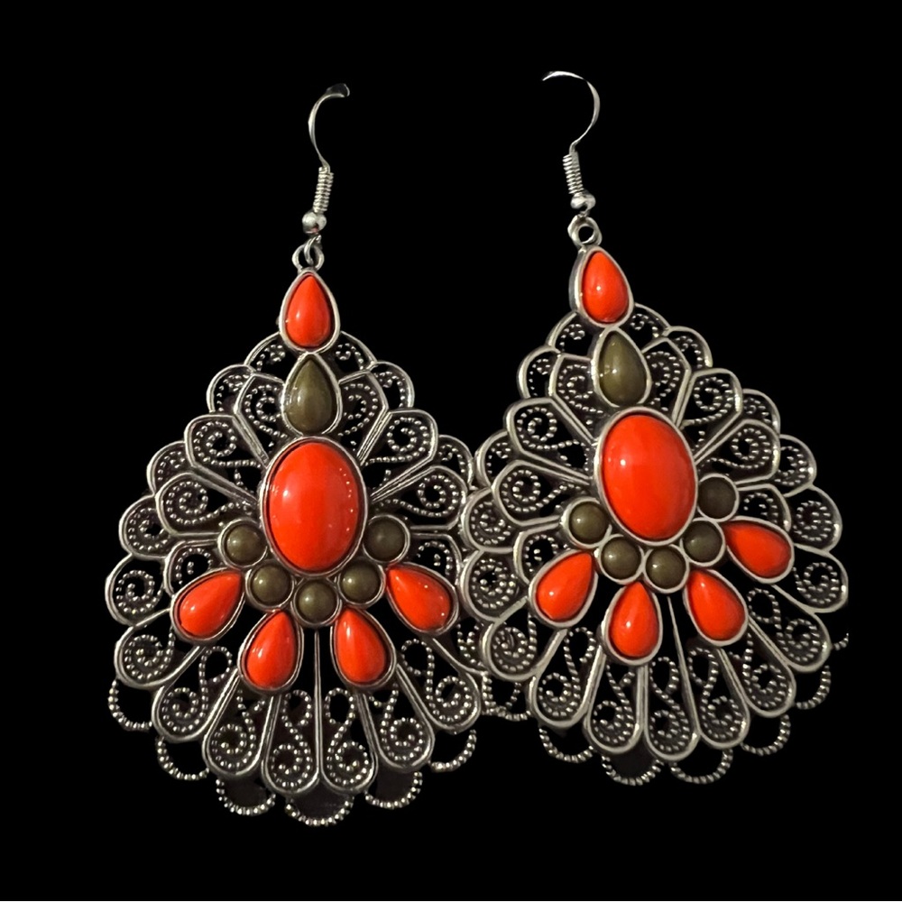 Bohemian Silver and Orange Teardrop Earrings